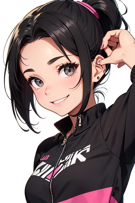 Create a 12 year old girl with black ponytail hair with smiling expression, usando brincos na orelha, com seios pequenos