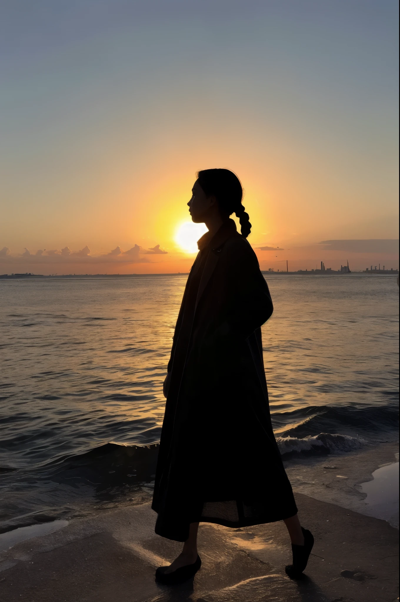 Silhouette of a woman standing outdoors at sunset