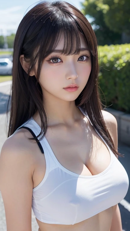 Cheerleader、Cheerleader,8K、Detailed Description、Very high definition、Realistic、reality的、Real、live-action、reality、High resolution、beautiful girl、21 years old、Daytime、Dark brown eyes,Very black hair、pretty girl、Beauty、Glowing Skin、Glowing Skin、Shiny Hair、Hair blowing in the wind、Very white skin、Heavy makeup、Large Breasts、Slit eyes、Dark brown eyes、Big Eyes、Double eyelids、