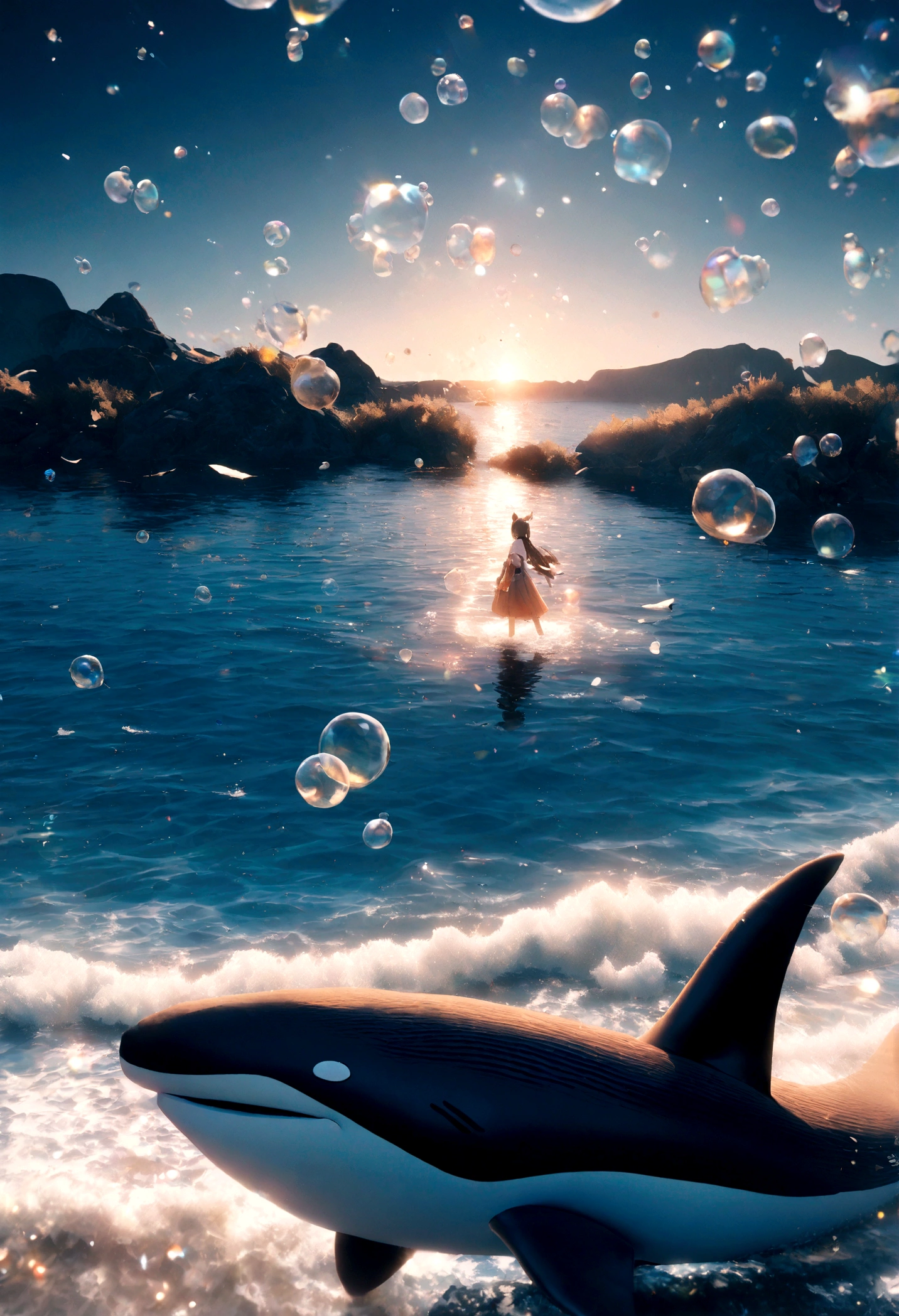 A black and white Papillon dog swimming with a whale at the bottom of the ocean，Whales fly out, Bubbles around the water surface rise slowly，Oblique sunlight, Golden Hour,Drawn impressive ultra-high definition 3D scenes, A Pokémon making a wish by a quiet lake. Beautiful expression in every detail, I see bubbles gently bubble up into the air, Each has a hopeful wish. Bubbles capture the reflection of the setting sun, Raising dreamers, Magical Effects. Overall a soft atmosphere, Full of hope and peace