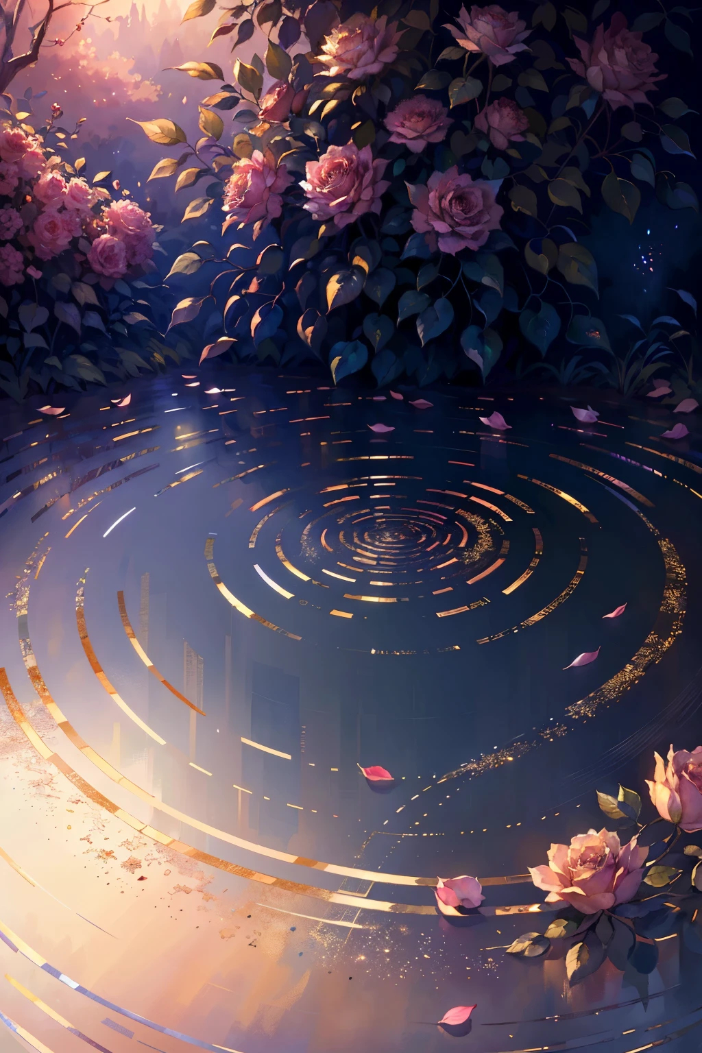 a beautiful, (epiphanic:1.1), (best quality:1.2), (masterpiece:1.1), extremely detailed CG Unity 8K wallpaper, rose bushes, rose petals, landscape, Leosia, pure, photorealistic, (realistic:1.37), (vivid colors:1.2), intricate details, soft lighting, (natural lighting:1.1), golden hour, glowing, ethereal, fantasy, dreamlike, serene, tranquil, idyllic