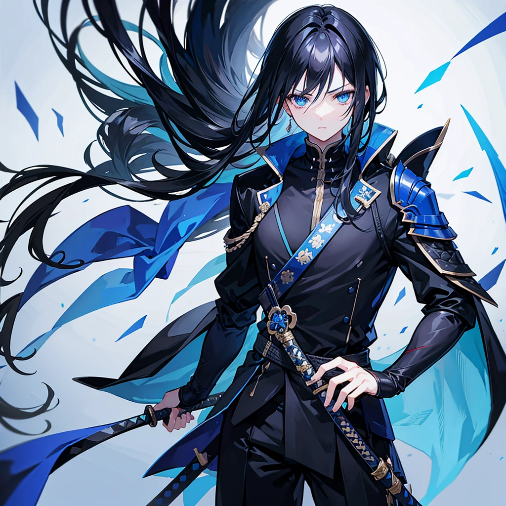 Black-haired dark-dressed swordsman with blue eyes and a blue katana