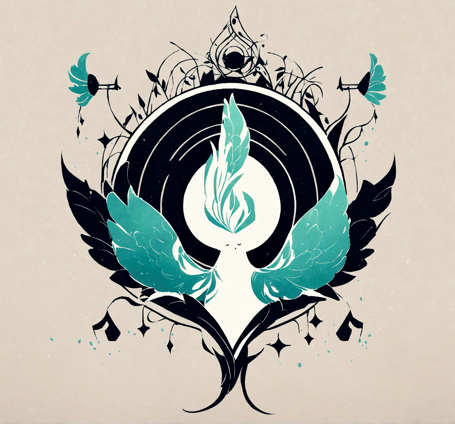 Create a cinematic, abstract symbol for a film production company based on stories and music. The logo should represent the companionship between a boy musician, A Storyteller Fantasy Bird and a Dreamy Feather. Minimalist symbol design