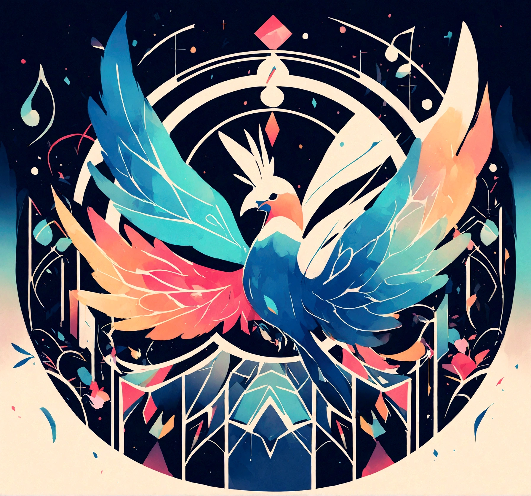 Create a cinematic, abstract symbol for a film production company based on stories and music. The logo should represent the companionship between a boy musician, A Storyteller Fantasy Bird and a Dreamy Feather. Minimalist symbol design