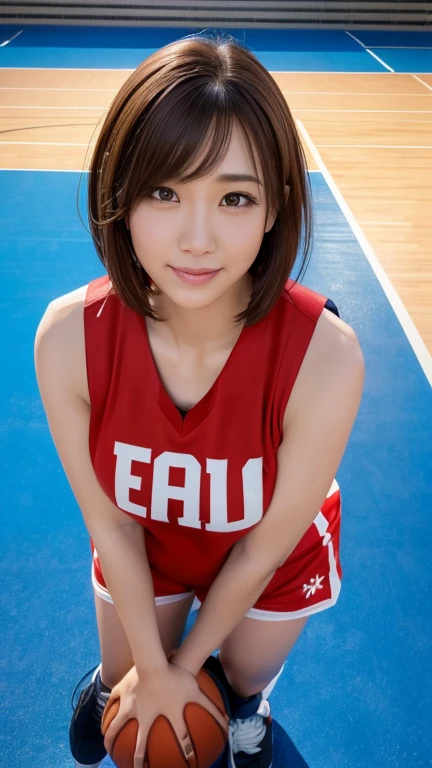 (RAW Photos:1.2), (Realistic:1.4), Beautiful Japanese Women, Very detailed eyes and face, Beautiful details, Ridiculous, incredibly Ridiculous, Large file size, Very detailed, High resolution, Very detailed, highest quality, masterpiece, shape, Very detailed, CG, Unified, 8k wallpaper, wonderful, Fine details, masterpiece, highest quality, Very detailed CG、8k wallpaper, Light on the face, Cinema Lighting,( One Girl),（Big ???）、Curvy,(Full Body Shot)、(the wind is strong)、29-year-old、Slightly brown hair color,((short hair))、Shiny Hair、 ((basketball wear:1.4)),Red uniform,((Sleeveless:1.6)),(Inside the gym)(Basketball court:1.2), ,(Ample ???????:1.4)、Seductive pose、Small nose、Short nose、(Shiny Hair:1.4), sweat,wet,enraptured smile