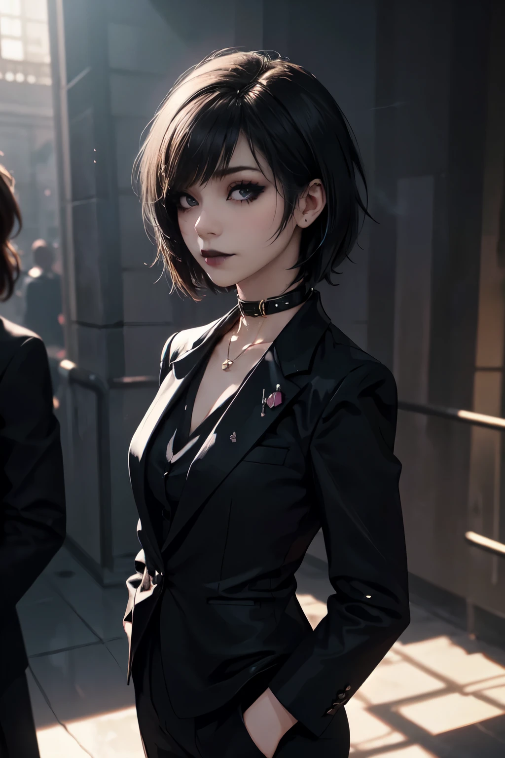 Girl, woman, emo_hairstyle, black lipstick, dog collar, eyeliner, eye shadow, smoky eyes, realistic lighting, short hair, standing up, rich girl, bourgeois, billionaire, fancy, business suit.