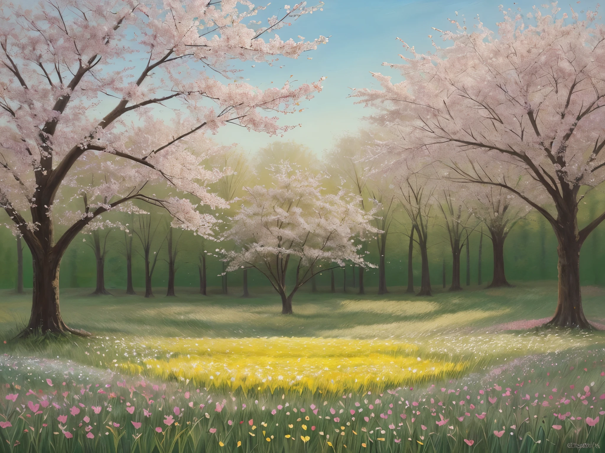 A gently stirring spring breeze dances through a field of vibrant blossoms, carrying the sweet scent of fresh blooms and the promise of new beginnings. This serene scene is captured in a breathtakingly lifelike oil painting, where each petal and blade of grass is rendered with exquisite detail. The sun-drenched colors of the flowers practically leap off the canvas, creating a sense of warmth and tranquility that invites viewers to bask in the beauty of nature's rebirth.