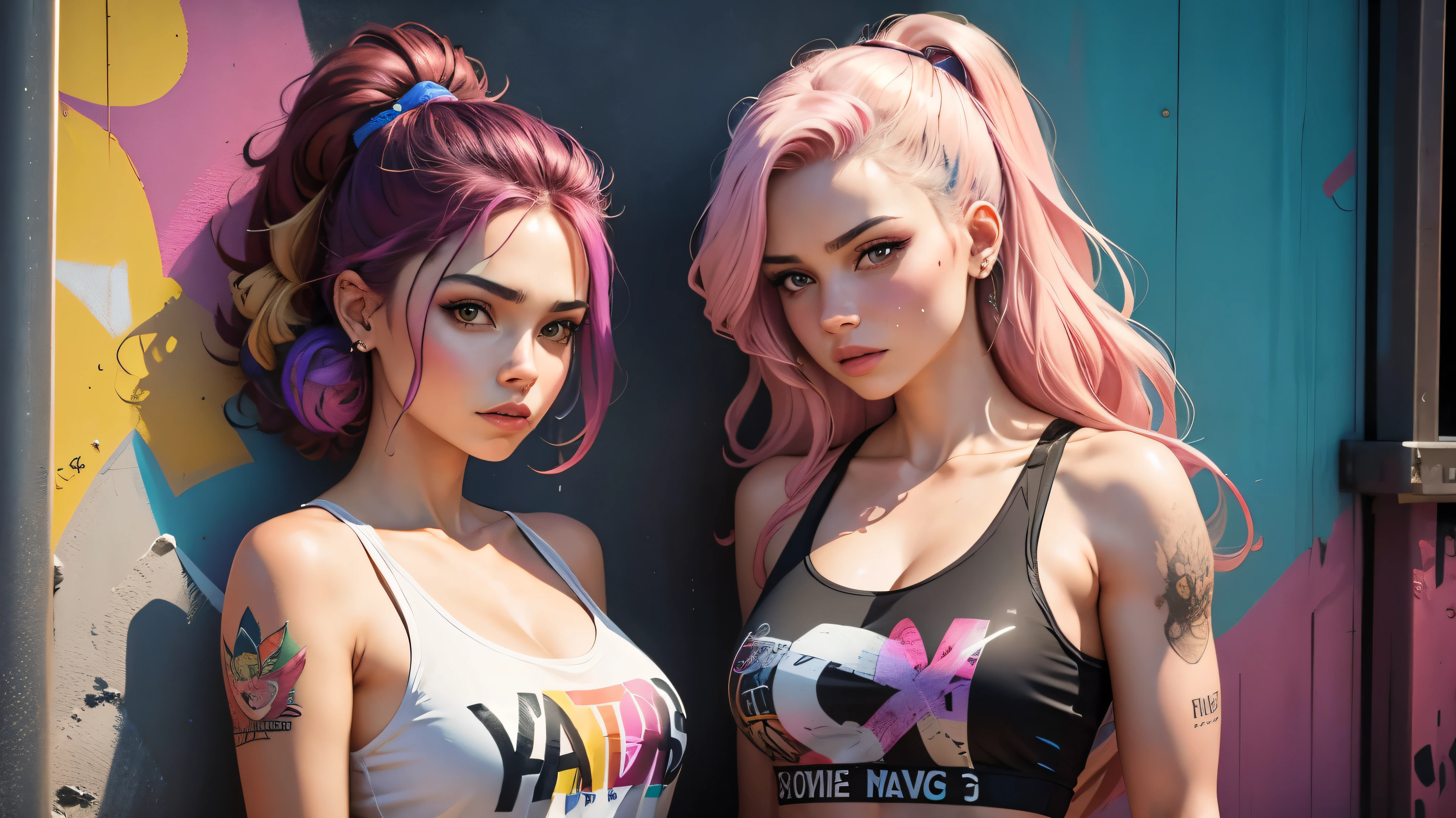 a painting of 2 women with colorful hair and a white tank top, graffiti art inspired by Sandra Chevrier, trending on Artstation, street art, art of alessandro pautasso, beautiful art uhd 4 k, detailed painting 4 k, expressive beautiful painting, street art 8 k, stunning art style, colorful art, stunning artwork, beautiful digital artwork, stunning painting