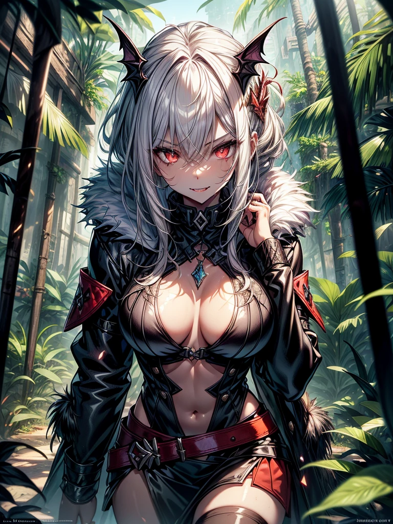 realistic photo of slaved (savage, tribal, jungle)_vampire with (white hair), bat fur, coat|wings, ((fangs)), colorful extremely_detailed_(tribal, jungle)_tight_(lacy, leather, fur, silk, satin, latex)_(clothing, skirt), high collar, detailed face, detailed beautiful shiny red eyes, slit pupils, metallic reflections, ((tatooed, marked)_with_shining_runes)_fit_muscular_body, shiny skin, tropical city ruins fog, 1girl, natural breasts, medium length white hair, masterpiece, best quality, beautiful and aesthetic:1.2, fractal art:1.4