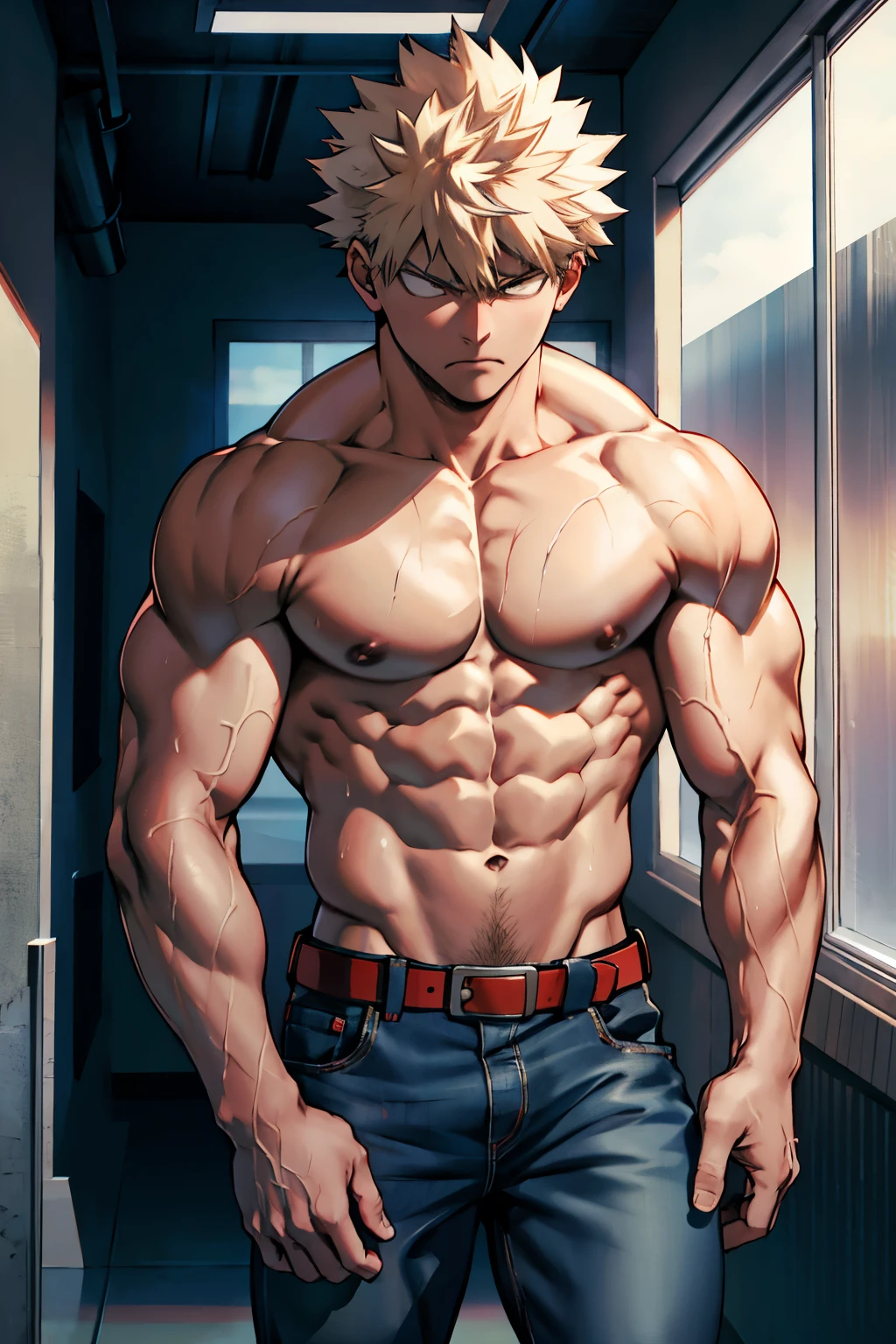 Katsuki Bakugo from Boku No Hero Academia, wearing blue jeans with brown belt, angry, bodybuilder, defined body, shirtless, abs, big legs, white empty room, sexy, clenched fists, wet body