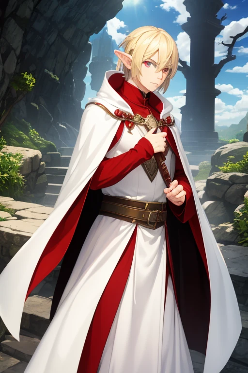 a male elf with blond hair, red eyes, and a completely white cloak