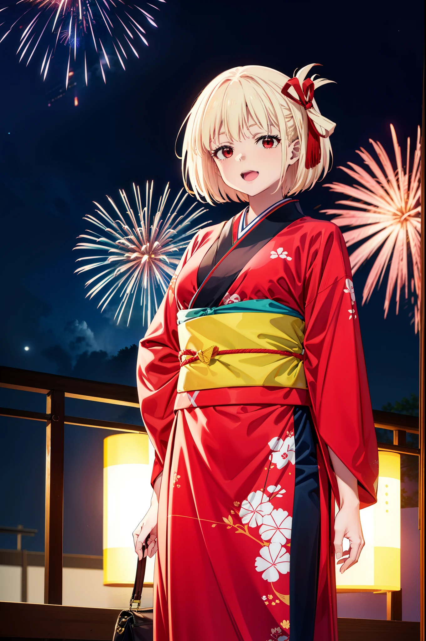 chisatonishikigi, Chisato Nishikigi, short hair, bangs, Blonde Hair, (Red eyes:1.5), Hair Ribbon, One side up, Bobcut,smile,Please open your mouth wide,
,red kimono,Thick sleeves,red long skirt sandals,日本のfestival,夏festivalの屋台、Red Lantern,Fireworks in the night sky,The place is a fireworks display,Time is night,whole bodyがイラストに入るように,Looking up from below、walk,
break outdoors, festival,shrine,
break looking at viewer,Upper Body, whole body(Cowboy Shot:1.5),
break (masterpiece:1.2), highest quality, High resolution, unity 8k wallpaper, (shape:0.8), (Beautiful details:1.6), Highly detailed face, Perfect lighting, Extremely detailed CG, (Perfect hands, Perfect Anatomy),