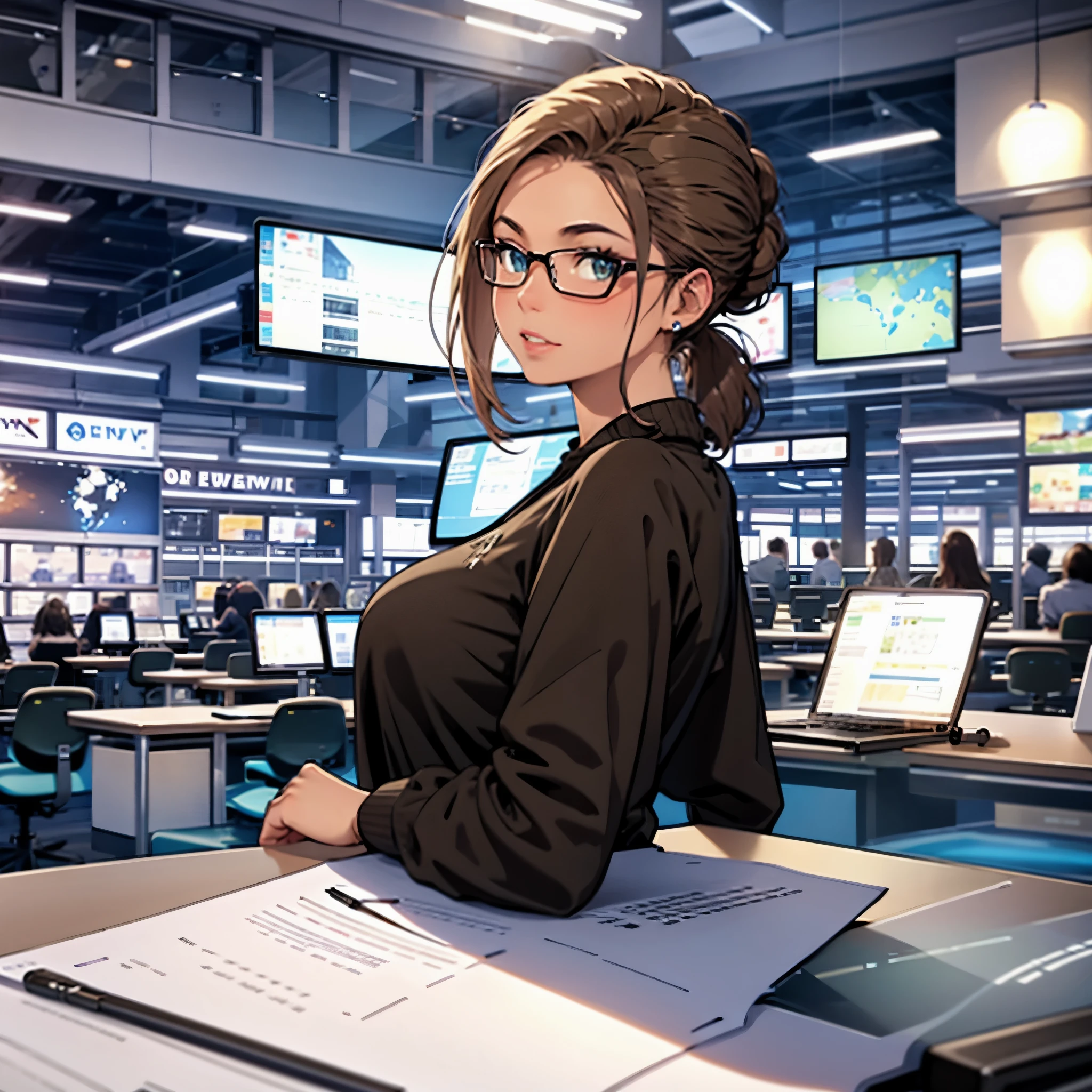 JS_News,leading news,in news studio,sits by the table, 1 girl behind desk, starring at you, news reporter, brown skin, hair in ponytail, laptop, news studio, nerdy glasses