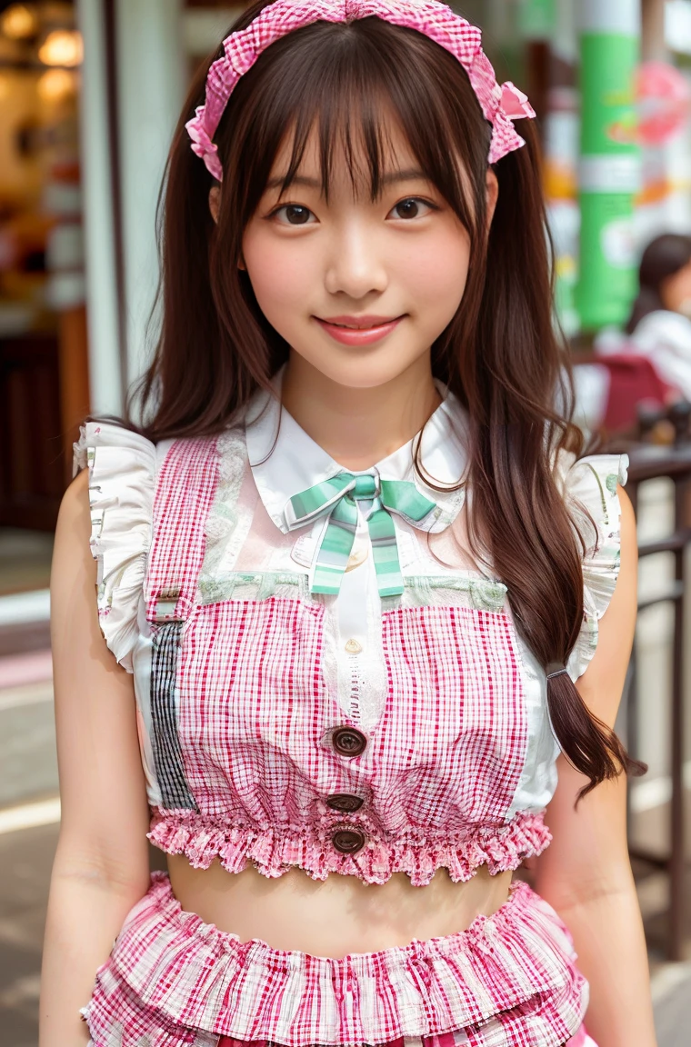 (masterpiece, highest quality:1.2), One girl, woman, 23 years old、 cute、(cuteメイド服を着ている), (Pink gingham check maid outfit:1.5)) Idol Style、smile、(おしゃれでcute喫茶店内:1.4)、whole body、(He brought me a tray of chocolate mint juice..;1.4)、summer、hot、White underwear