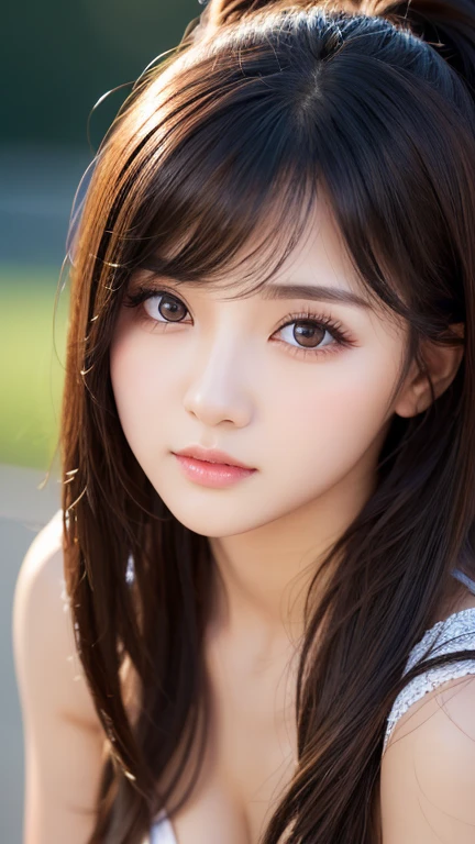 Cheer、Cheerガール、Cheerリーダー、Cheerleader,8K、Detailed Description、Very high definition、Realistic、reality的、Real、live-action、reality、High resolution、beautiful girl、21 years old、Daytime、Dark brown eyes,Very black hair、pretty girl、Beauty、Glowing Skin、Glowing Skin、Shiny Hair、Hair blowing in the wind、Very white skin、Heavy makeup、Large Breasts、Slit eyes、Dark brown eyes、Big Eyes、Double eyelids、