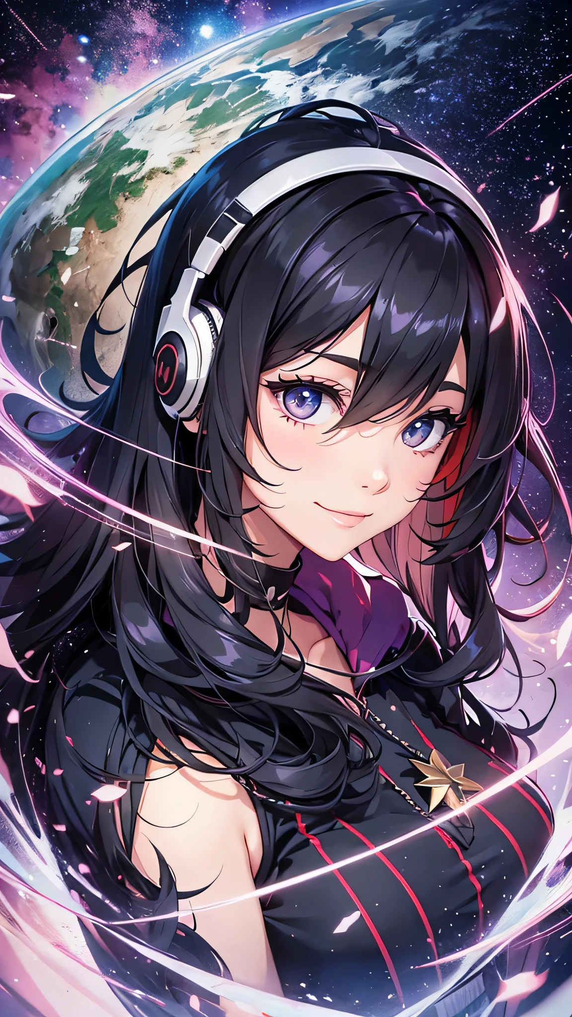 Highest quality、Highest quality、Masterpiece、girl((half、18-year-old、as soon as、Highest Bust、Medium Bust、Wide open chest、Red glowing eyes、Black Ear、Red Mesh、Disheveled Hair、Loincloth、thin、The best valley、Open chest、hair ornaments、Full body view、Black Universe Suit、Random Pause、smile、headphone))、high quality、Beautiful Art、background((Collapsing Ground、no gravity、Floating Object、shooting star、universe))、Depth((Earth))、flight、Flying Debris、Depth of text、movie、Visual Arts、Perfect Art、8K、Genuine、Special Angles