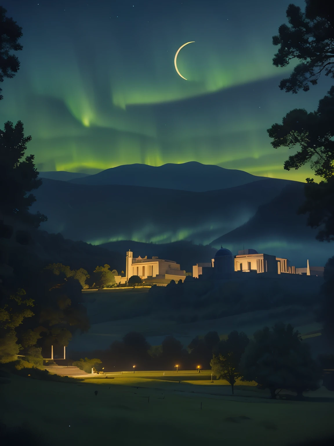 Ralph McQuarrie Style, greek architecture done in a sci-fi style on a beautiful forest and meadow scene with tall buildings and open green spaces, oil, beautiful, Very detailed, Aurora、Crescent Moon