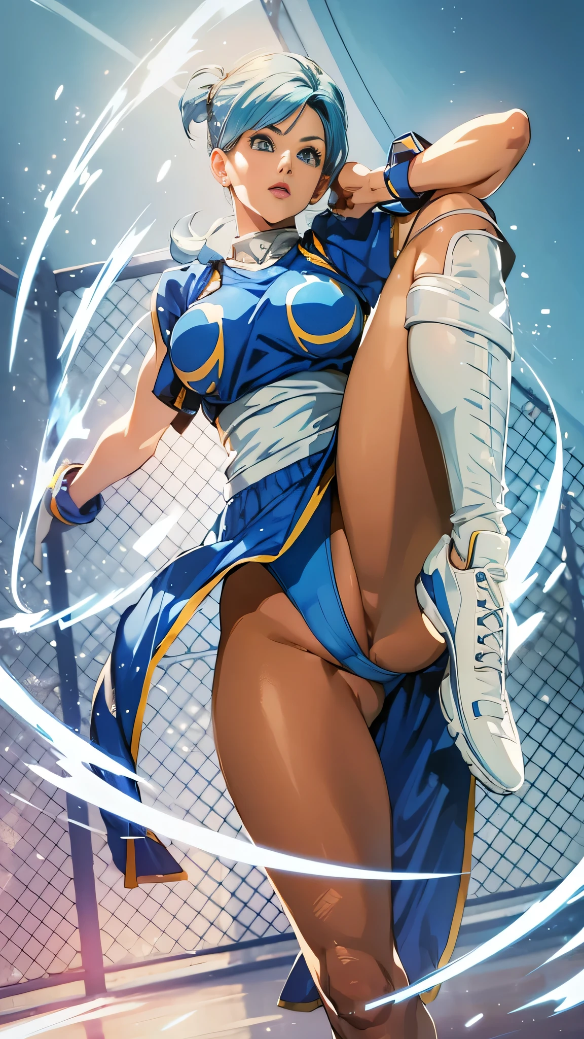 a close up of a woman in a blue and white outfit kicking a ball, Bulma at the gym, portrait of Bulma from dragon ball z , portrait of Bulma, extremely detailed artgerm, highly detailed exquisite fanart, fight pose, commission for high res, hadouken, fighting pose, fighter pose, blue hair, blue eyes