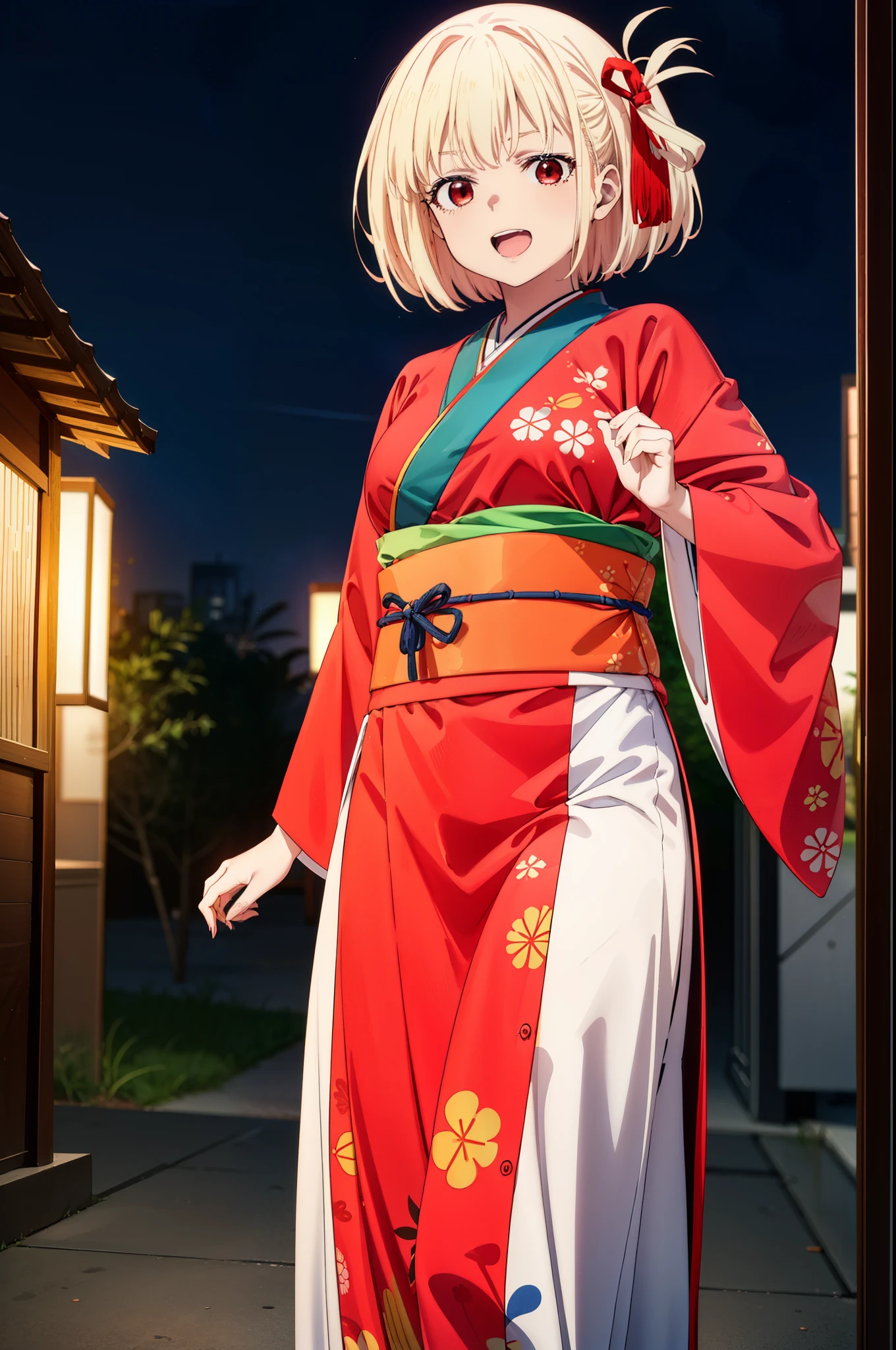 chisatonishikigi, Chisato Nishikigi, short hair, bangs, Blonde Hair, (Red eyes:1.5), Hair Ribbon, One side up, Bobcut,smile,Please open your mouth wide,
,red kimono,Thick sleeves,red long skirt sandals,日本のfestival，夏festivalの屋台、Red Lantern,Fireworks in the night sky,The place is a fireworks display,Time is night,whole bodyがイラストに入るように,Looking up from below、walk,
break outdoors, festival,shrine,
break looking at viewer,Upper Body, whole body(Cowboy Shot:1.5),
break (masterpiece:1.2), highest quality, High resolution, unity 8k wallpaper, (shape:0.8), (Beautiful details:1.6), Highly detailed face, Perfect lighting, Extremely detailed CG, (Perfect hands, Perfect Anatomy),