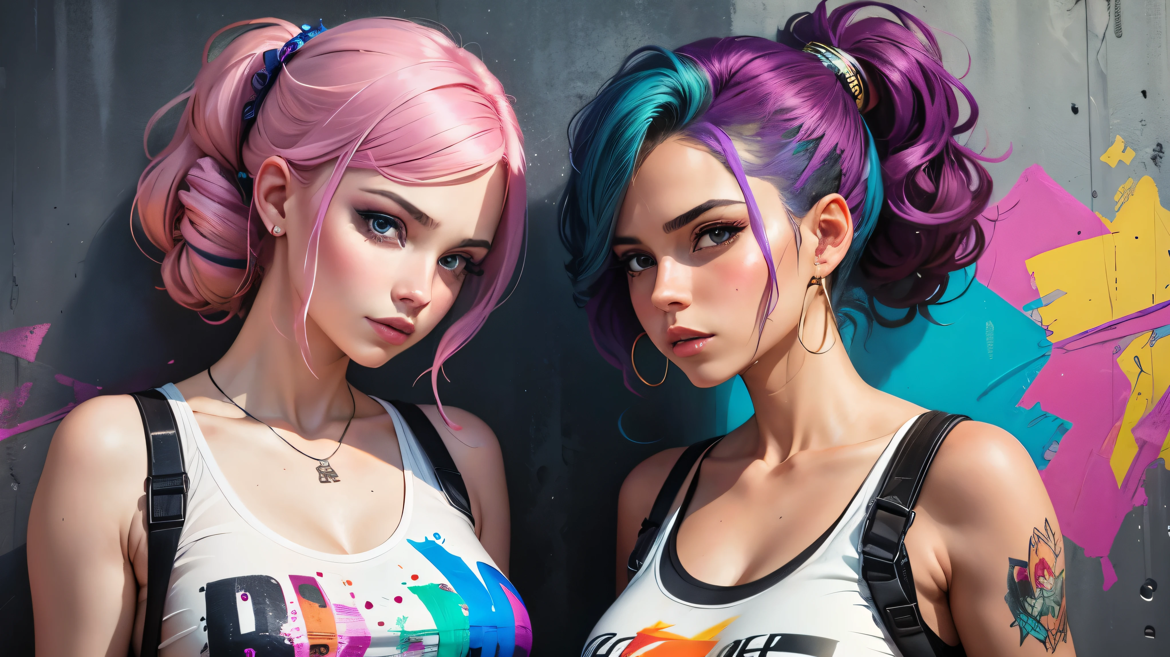 a painting of 2 women with colorful hair and a white tank top, graffiti art inspired by Sandra Chevrier, trending on Artstation, street art, art of alessandro pautasso, beautiful art uhd 4 k, detailed painting 4 k, expressive beautiful painting, street art 8 k, stunning art style, colorful art, stunning artwork, beautiful digital artwork, stunning painting