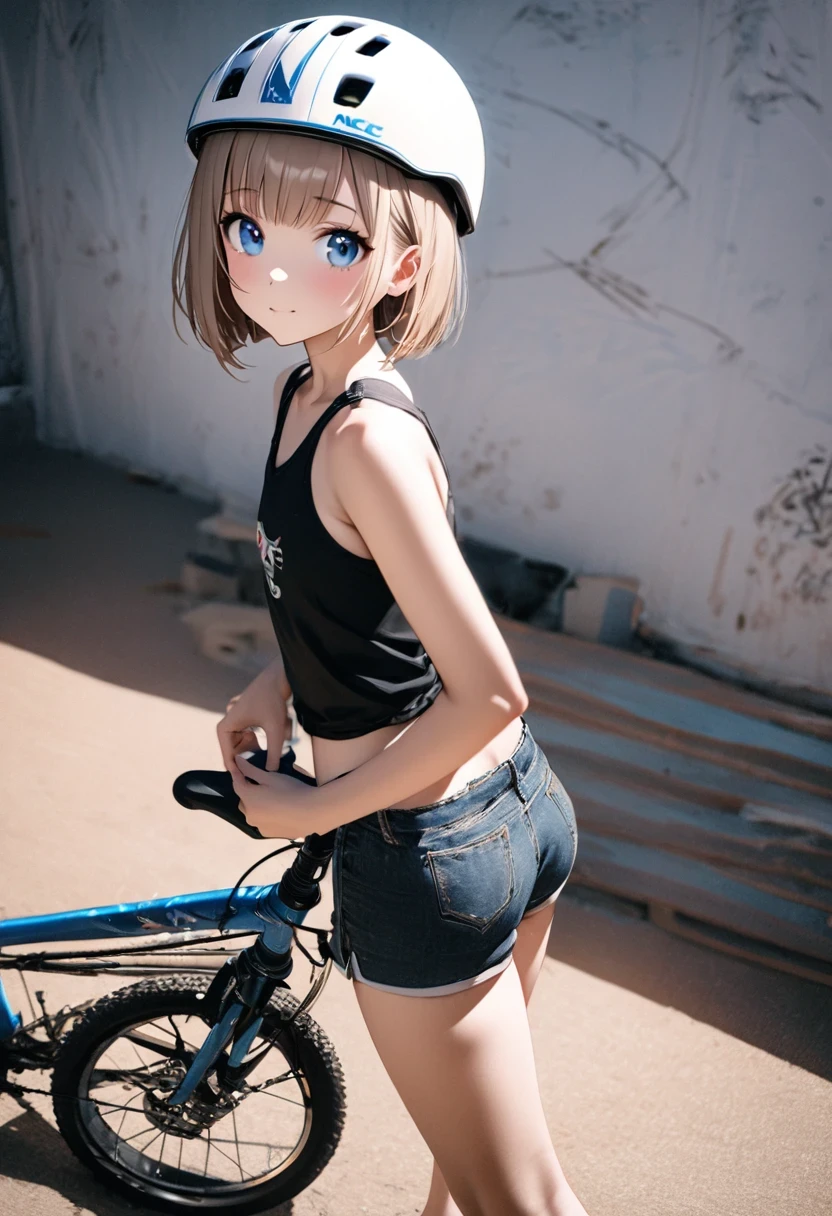 1 girl, 18yo, (flat chest: 1.5), blue eyes, light brown hair, bob cut, carrying a large backpack, white bicycle helmet, T-shirts, shorts, having fun, full body, (looking back:1.5), simple background, 8k, RAW photo, best quality, masterpiece, extremely detailed 8k wallpaper, ultra-detailed, best shadow, detailed background, beautiful detailed face, beautiful detailed eyes, nice hands, perfect hands