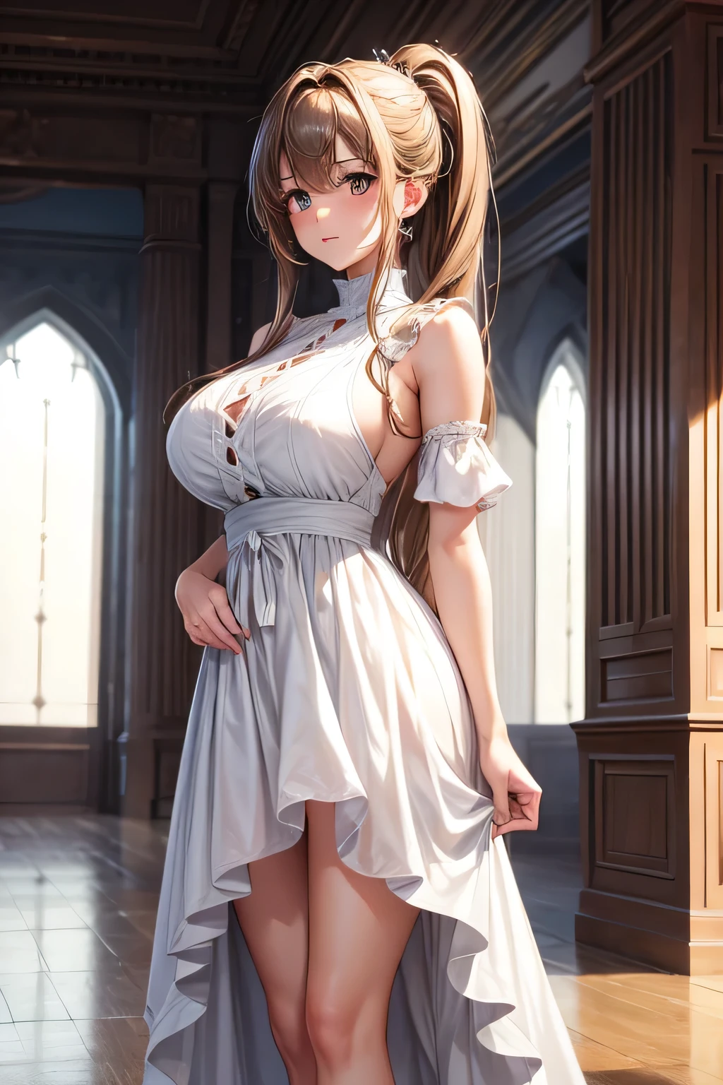 One girl, Long light brown hair, Brown eyes, White dress,Large Breasts , Absurd, High resolution, Super sharp, 8k, masterpiece, View Viewer, whole body , ponytailOne girl, Long light brown hair, Brown eyes, White dress,Large Breasts , Absurd, High resolution, Super sharp, 8k, masterpiece, View Viewer, whole body , ponytail, standing , full body , toe