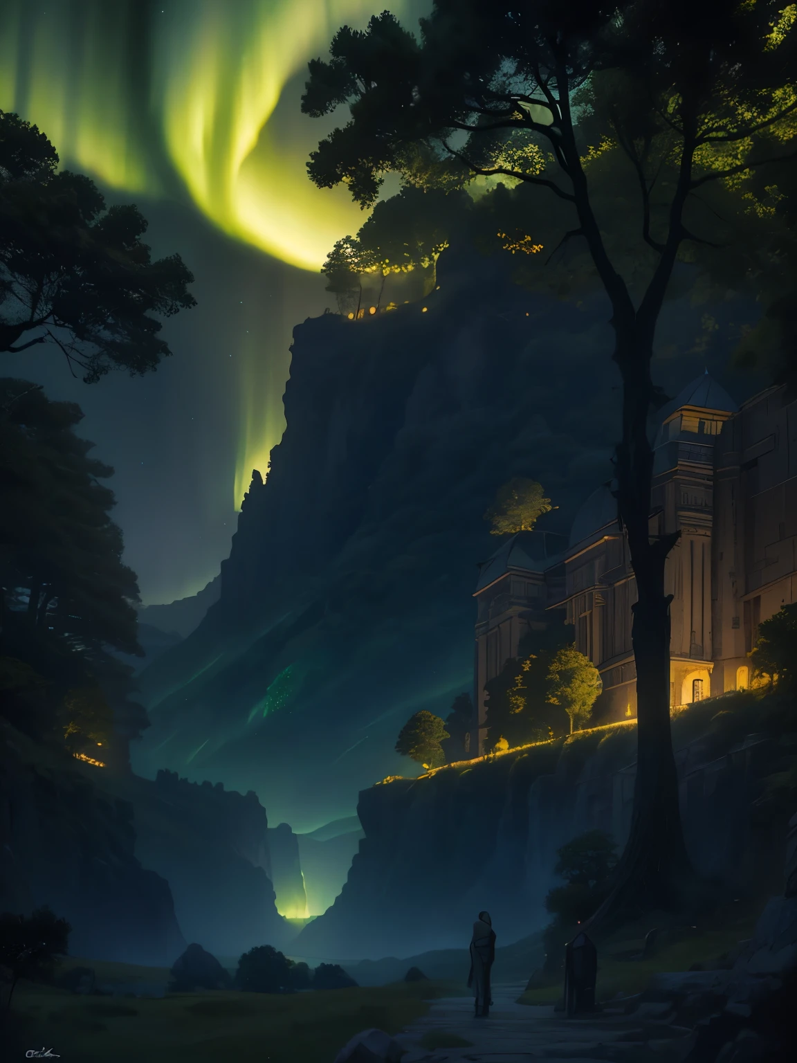 Ralph McQuarrie Style, greek architecture done in a sci-fi style on a beautiful forest and meadow scene with tall buildings and open green spaces, oil, beautiful, Very detailed, Aurora、Crescent Moon