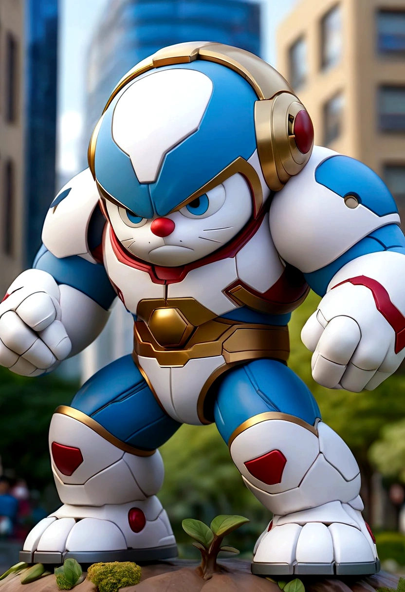 a white blue doraemon x hulkbuster figure, mobile legend hero, wear dirty cloak, IN THE CITY PARK, black steel mecha accent, hero pose, bird eye view, holding a sword, dieter ram style, trees