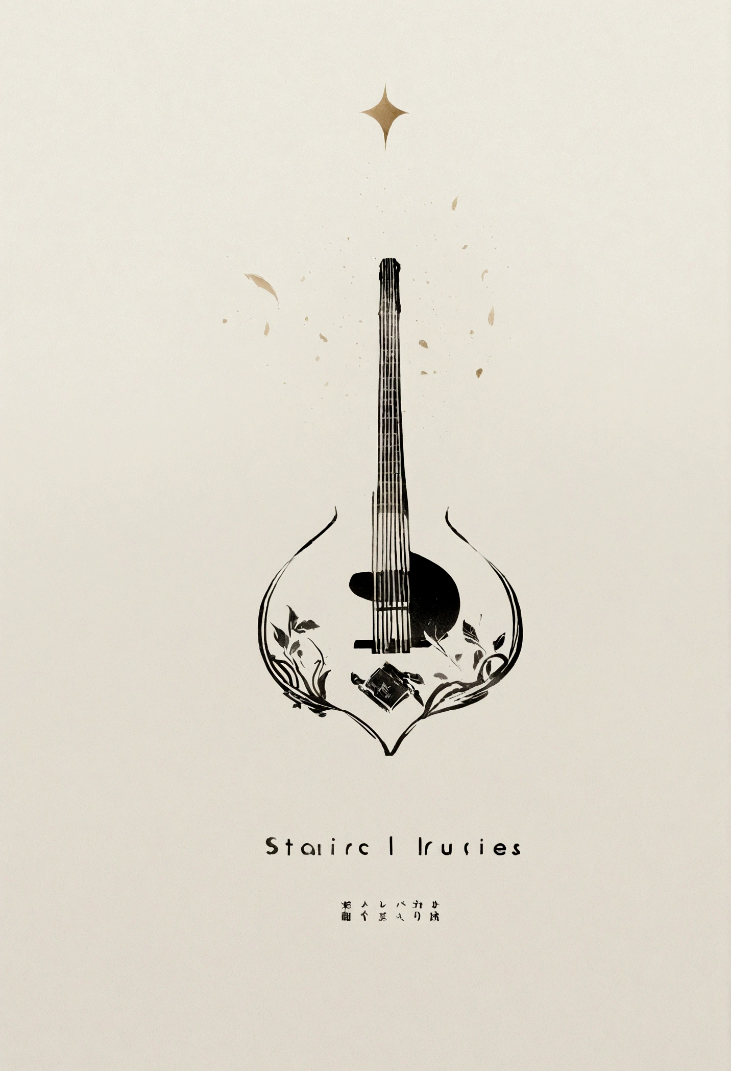A minimal, modern, simple, cinematic logotype for the brand “Penamemoria". The logotype must be a simple, magical feather and a boy playing acoustic guitar. The logo must convey a sense of music, stories and dreams. Logo design impressed on a book cover. Minimalistic logo