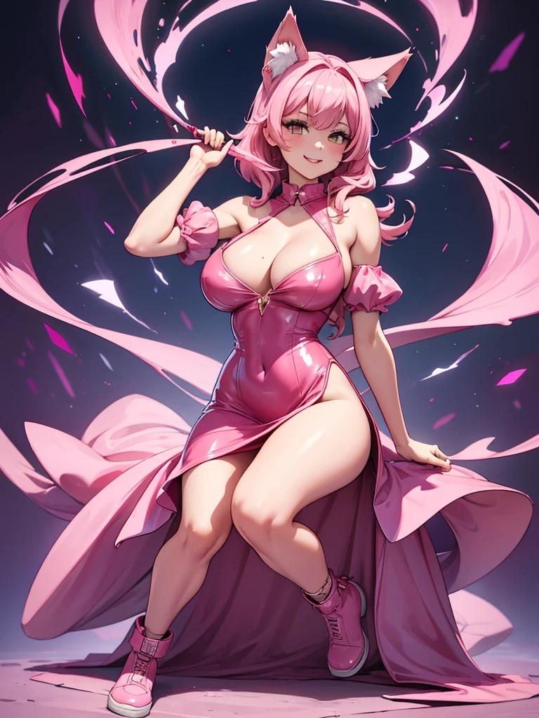 Happy , with wolf ears and pink hair, holding her cheeks, wolf tail, wearing a latex dress, looking at veiwer, full body, you can see her chest, naked breasts