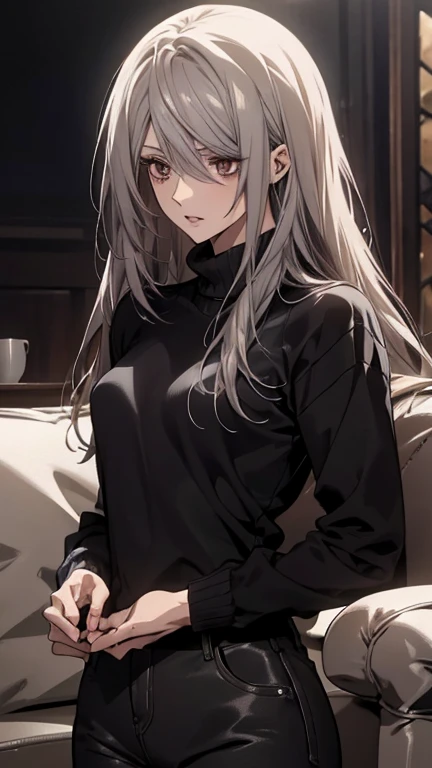 (Confused, High resolution, Very detailed), 1 female, Silver Hair,Long Hair,Reddish-brown eyes,Black sweater,Jacket,Black skinny pants,24th generation,beauty,mature,thin,quiet,Calm,Talking,sofa,Mug