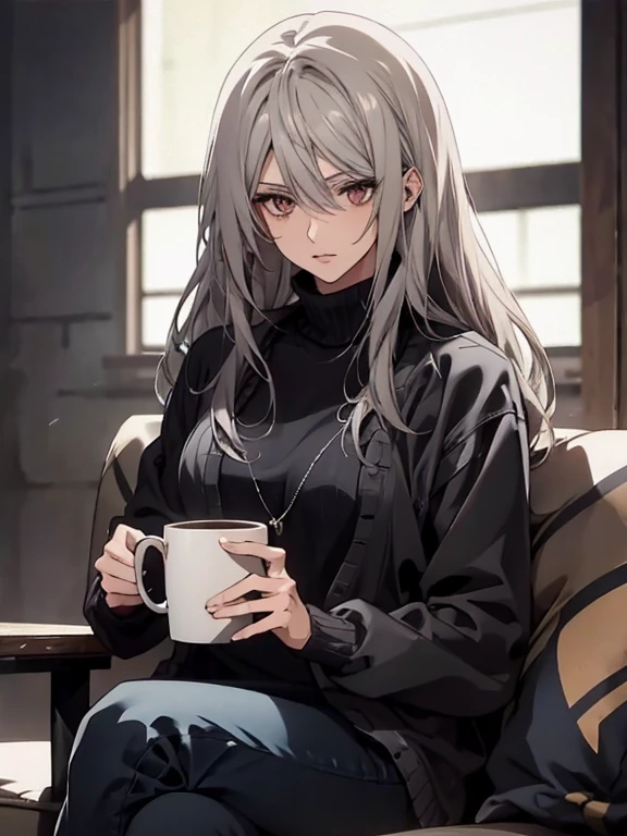 (Confused, High resolution, Very detailed), 1 female, Silver Hair,Long Hair,Reddish-brown eyes,Black sweater,Jacket,Black skinny pants,24th generation,beauty,mature,thin,quiet,Calm,Talking,sofa,Mug