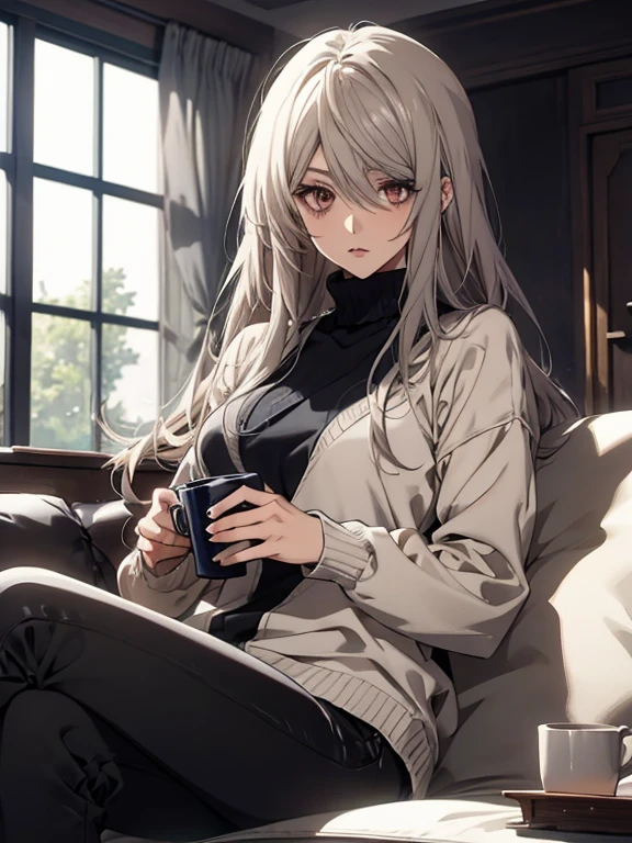 (Confused, High resolution, Very detailed), 1 female, Silver Hair,Long Hair,Reddish-brown eyes,Black sweater,Jacket,Black skinny pants,24th generation,beauty,mature,thin,quiet,Calm,Talking,sofa,Mug