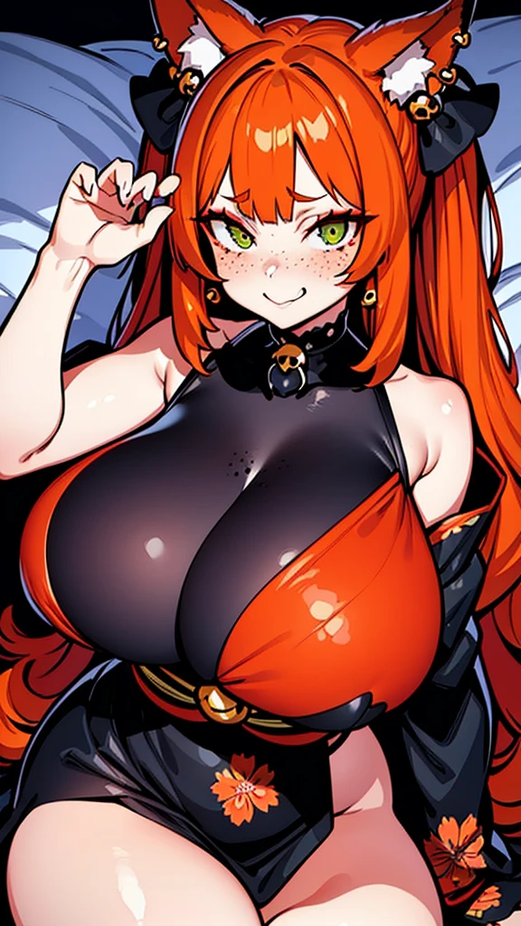 a beautiful and stunning woman with long, wavy orange hair and green eyes, twin volumous ponytails, wearing a black kimono with a red floral print , orange fox ears, lying on the bed with a shy smile, red cheeks and light freckle marks only on her face, defined silhouette, huge breasts, thick thighs, earrings of skulls, dark environment, dark colors, pastel tone, cold palette, sharpness, attention to detail, richness of details, cute aesthetics, cherry blossoms decorating the hair