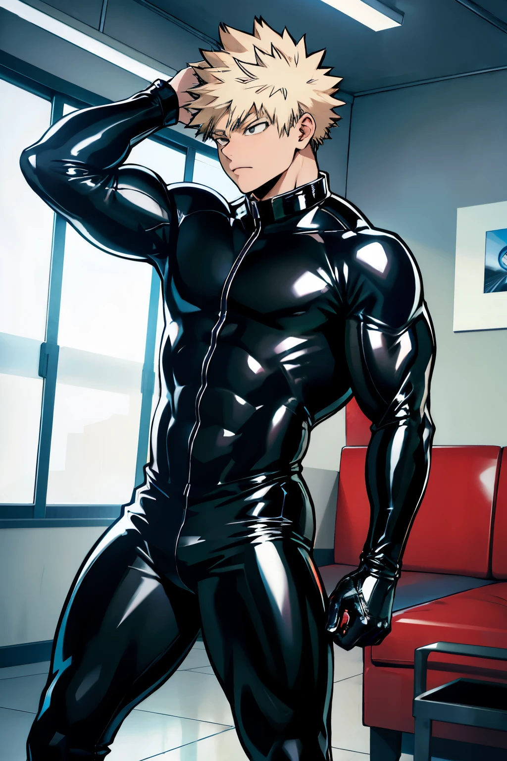 Katsuki Bakugo from Boku No Hero Academia, wearing completely black latex suit very tight, serious, bodybuilder, defined body, big legs, white empty room, sexy