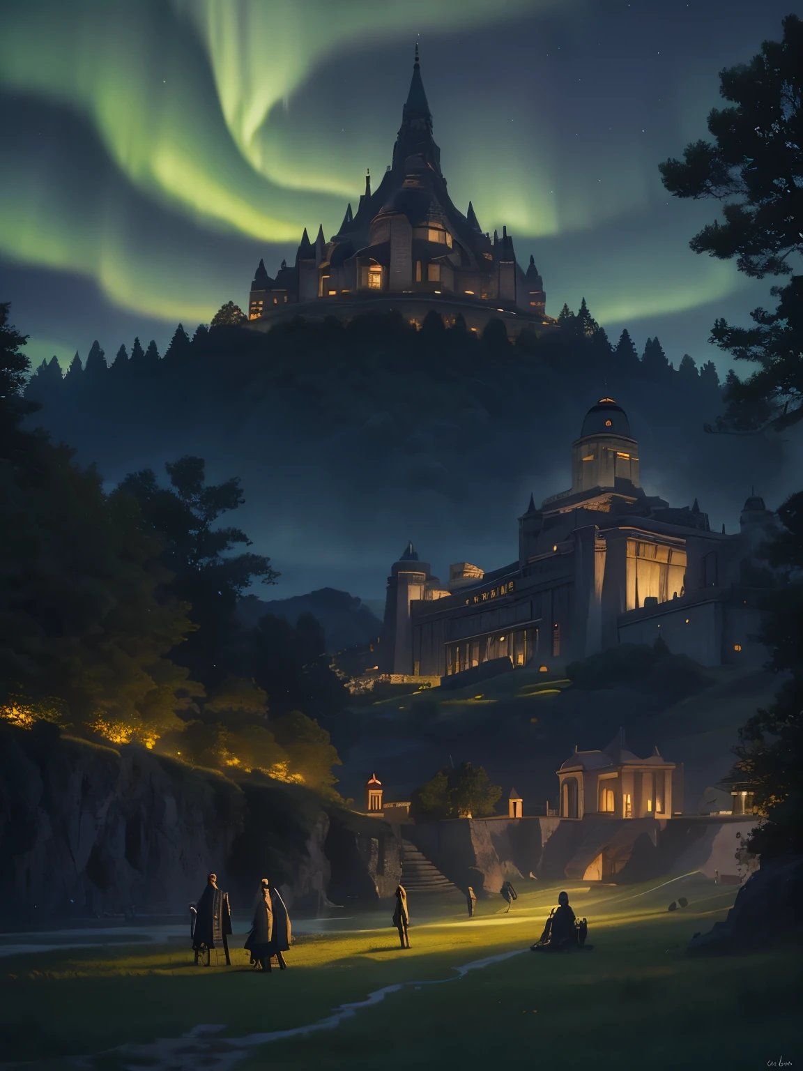 Ralph McQuarrie Style, greek architecture done in a sci-fi style on a beautiful forest and meadow scene with tall buildings and open green spaces, oil, beautiful, Very detailed, Aurora、Crescent Moon、floating castle