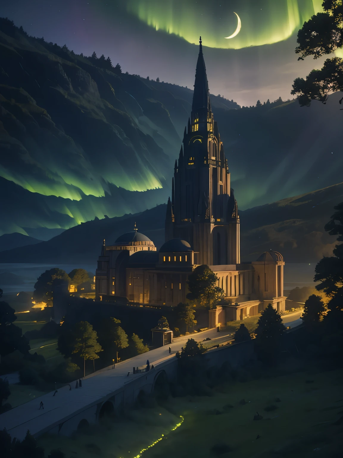 Ralph McQuarrie Style, greek architecture done in a sci-fi style on a beautiful forest and meadow scene with tall buildings and open green spaces, oil, beautiful, Very detailed, Aurora、Crescent Moon、floating castle