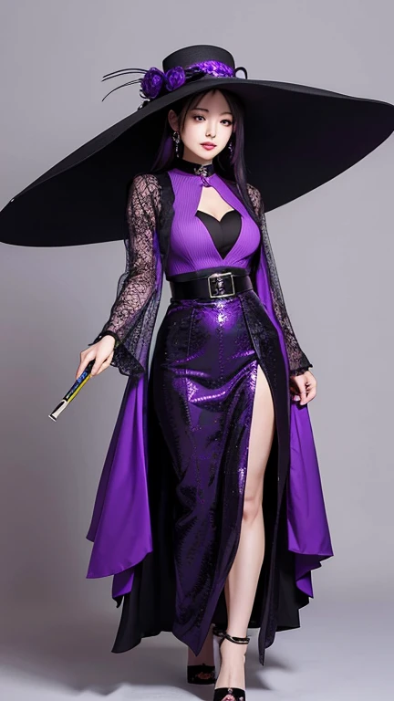 Murasaki Shikibu，poet，Beauty full body，She is wearing a tight fitting purple dress with black patterns，Wearing a collar and sleeves on his arms，Wearing a black vest，wears a long-brimmed hat，Luxurious and gorgeous，Holding a brush，Wearing black high heels