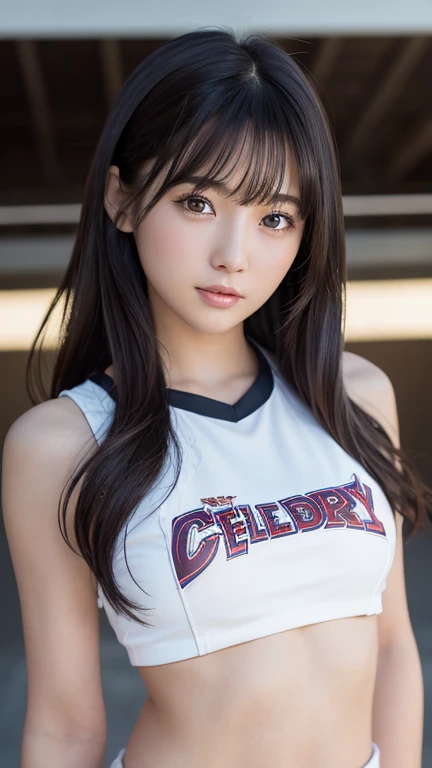 Cheer、Cheerガール、Cheerリーダー、Cheerleader,8K、Detailed Description、Very high definition、Realistic、reality的、Real、live-action、reality、High resolution、beautiful girl、21 years old、Daytime、Dark brown eyes,Very black hair、pretty girl、Beauty、Glowing Skin、Shiny Hair