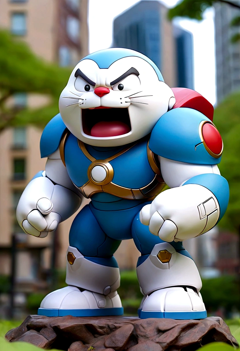 a white blue doraemon x hulkbuster figure, mobile legend hero, wear dirty cloak, IN THE CITY PARK, black steel mecha accent, hero pose, bird eye view, holding a sword, dieter ram style, trees
