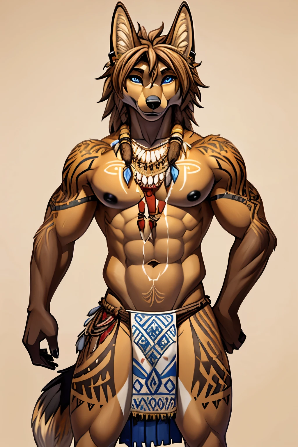 Athletic golden jackal, femboy, male, with black nipples, brown_skin, brown_body, African, toned, pretty face, messy hair, tribal, tattoos all over, loincloth