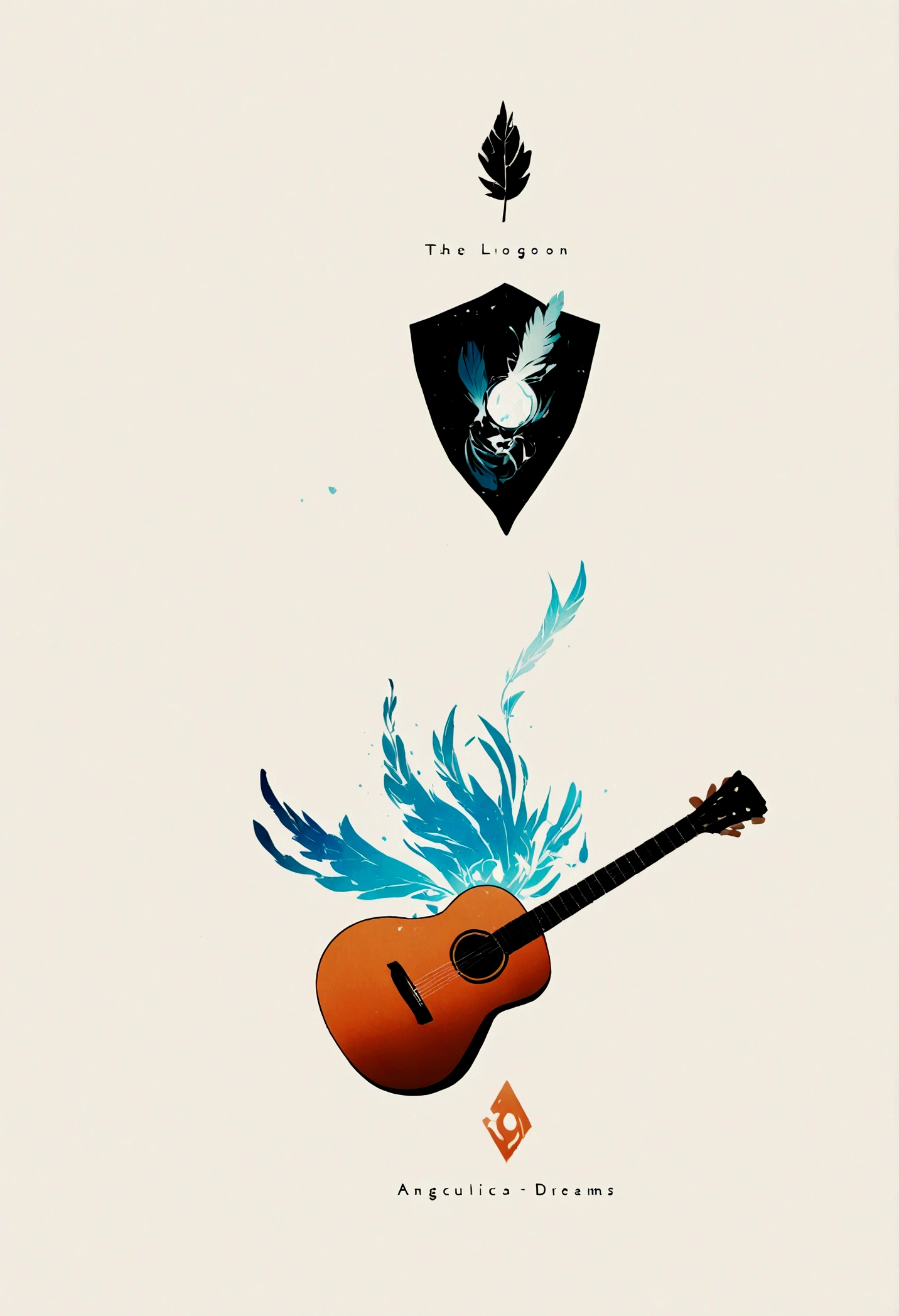 A minimal, modern, simple, cinematic logotype for the brand “Penamemoria". The logotype must be a simple, magical feather and a boy playing acoustic guitar. The logo must convey a sense of music, stories and dreams. Logo design impressed on a book cover. Minimalistic logo
