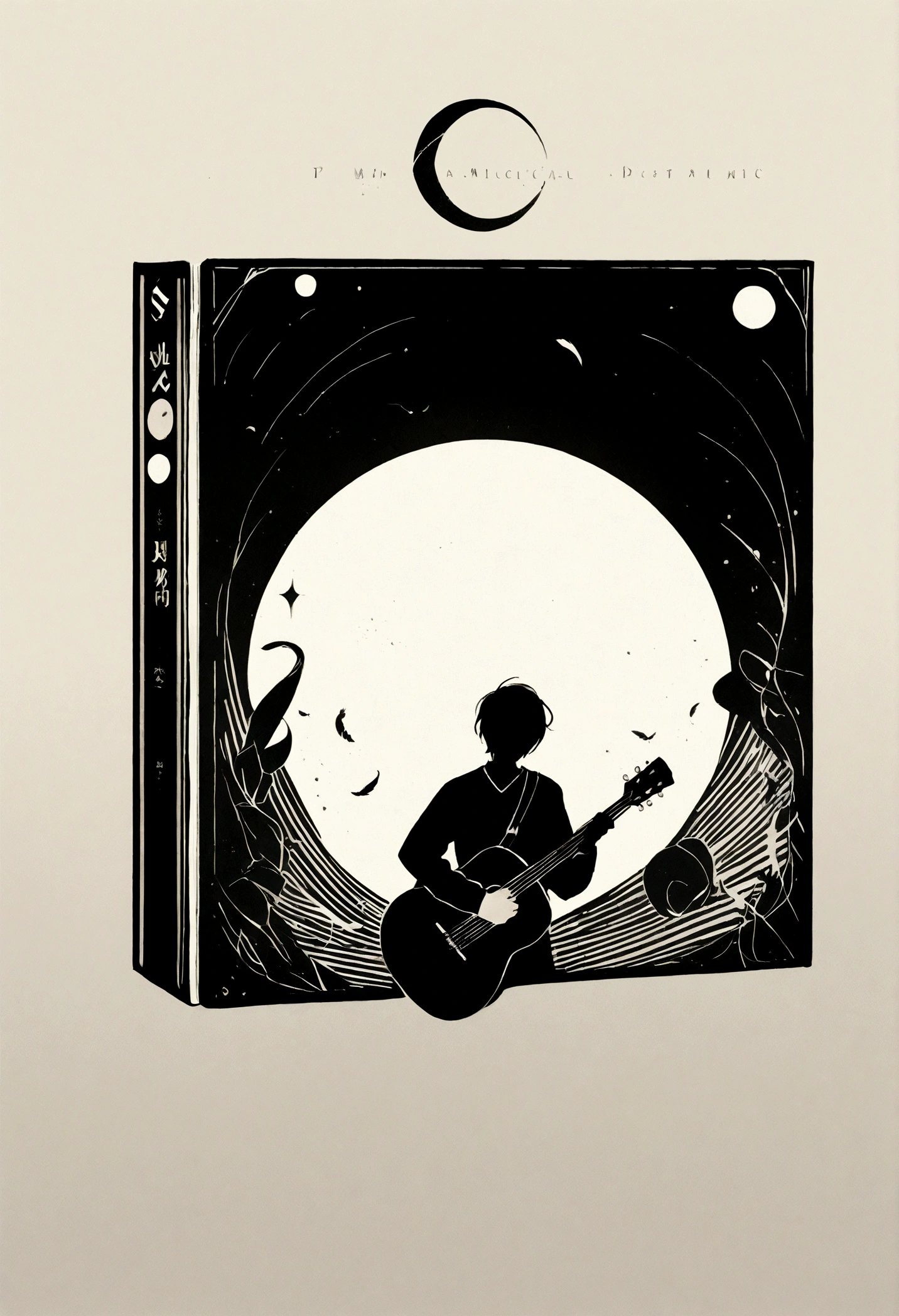 A minimal, modern, simple, cinematic logotype for the brand “Penamemoria". The logotype must be a simple, magical feather and a boy playing acoustic guitar. The logo must convey a sense of music, stories and dreams. Logo design impressed on a book cover. Minimalistic logo
