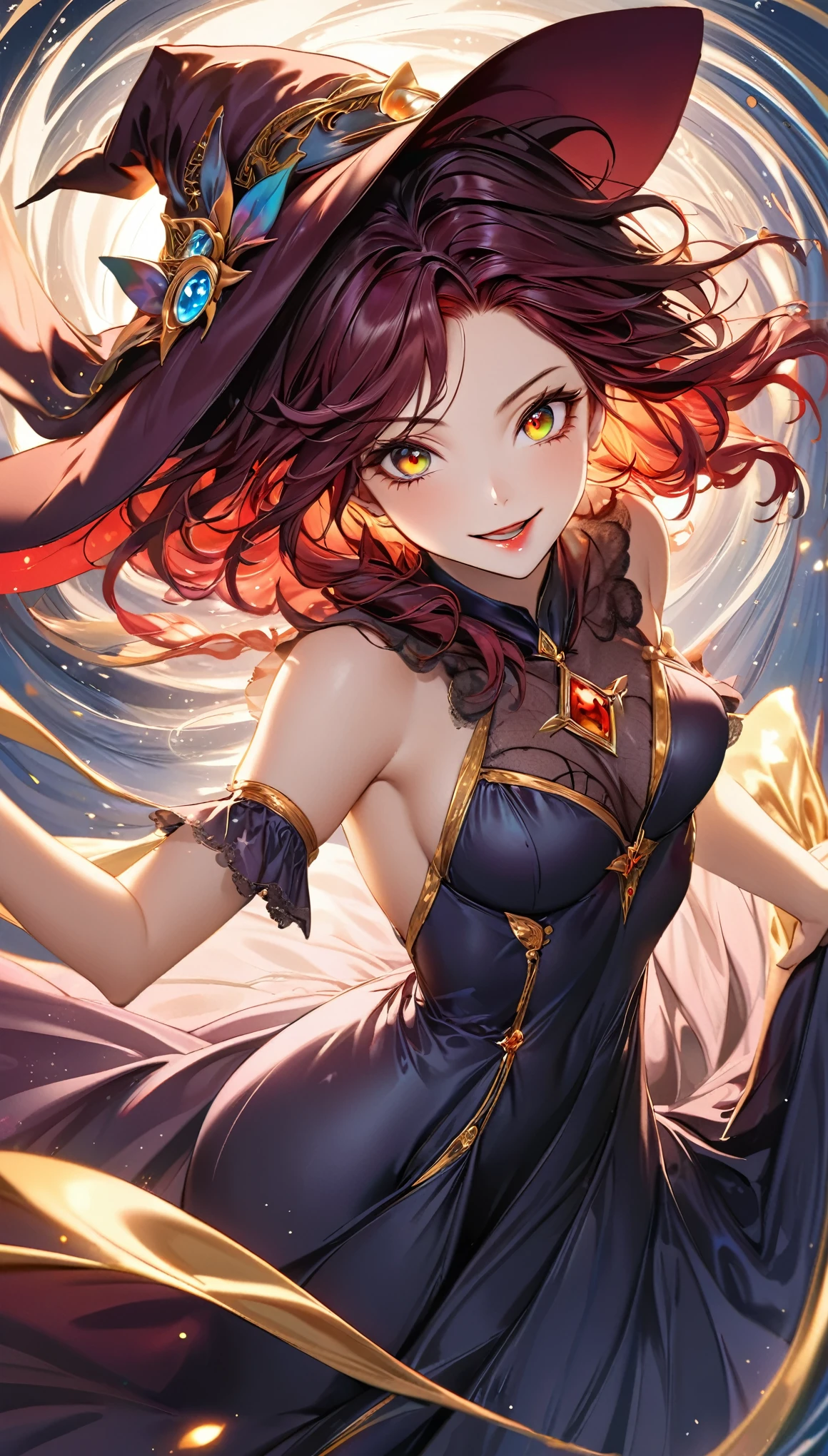 from above, best quality, super fine, 16k, incredibly absurdres, extremely detailed, 2.5D, delicate and dynamic, witch of unparalleled beauty, (eyes painted black, gold and red iridescent pupils), mischievous smile with upward glance, beautiful hair blowing in the wind, wind effects, crimson lips, captivating look, aroused expression, wearing night dress, superlative body proportion, beautiful pose, bewitching aura, shiny rippling fabric with silky texture, luxurious room with carved gold