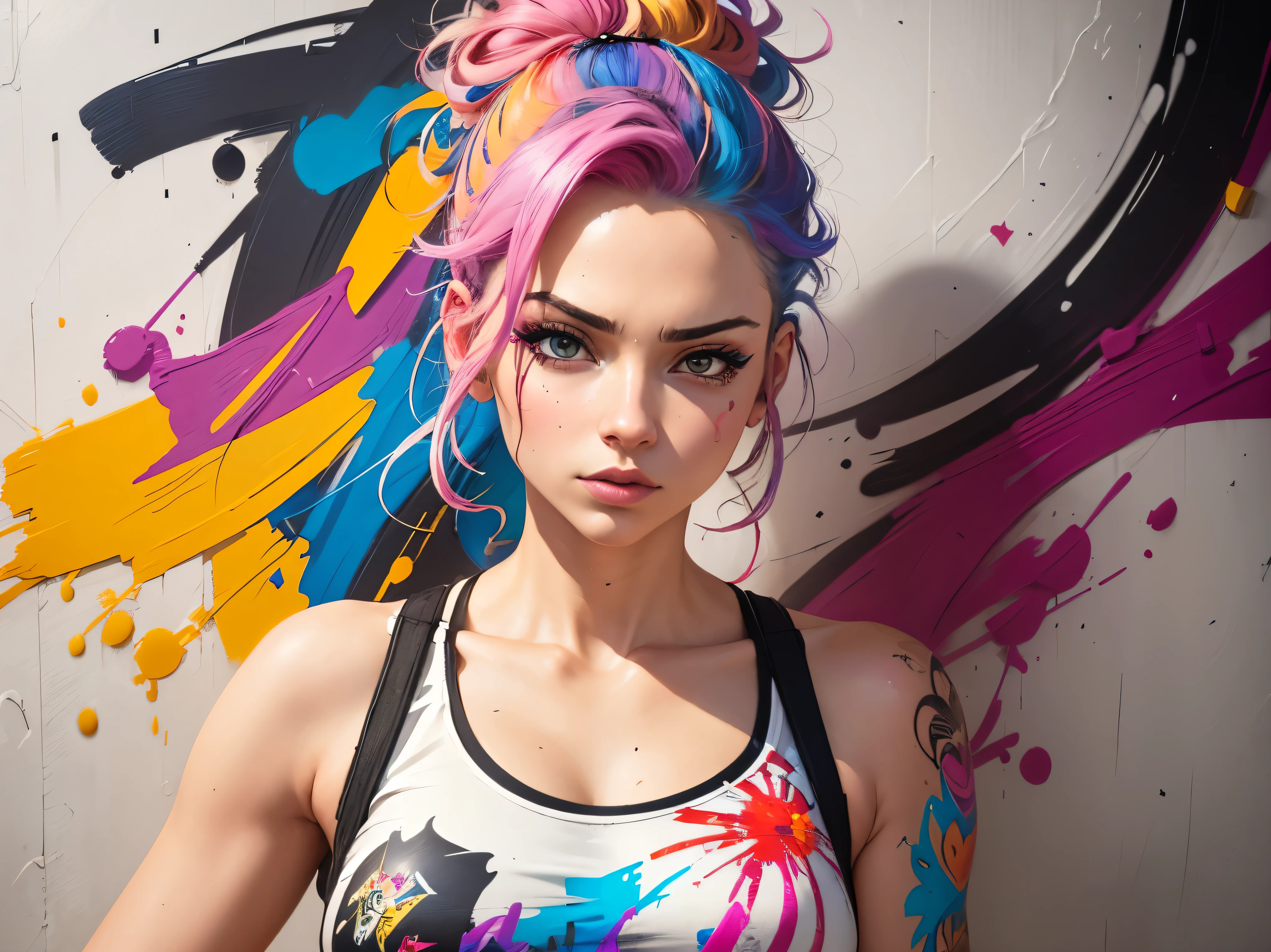 a painting of a woman with colorful hair and a white tank top, graffiti art inspired by Sandra Chevrier, trending on Artstation, street art, art of alessandro pautasso, beautiful art uhd 4 k, detailed painting 4 k, expressive beautiful painting, street art 8 k, stunning art style, colorful art, stunning artwork, beautiful digital artwork, stunning painting