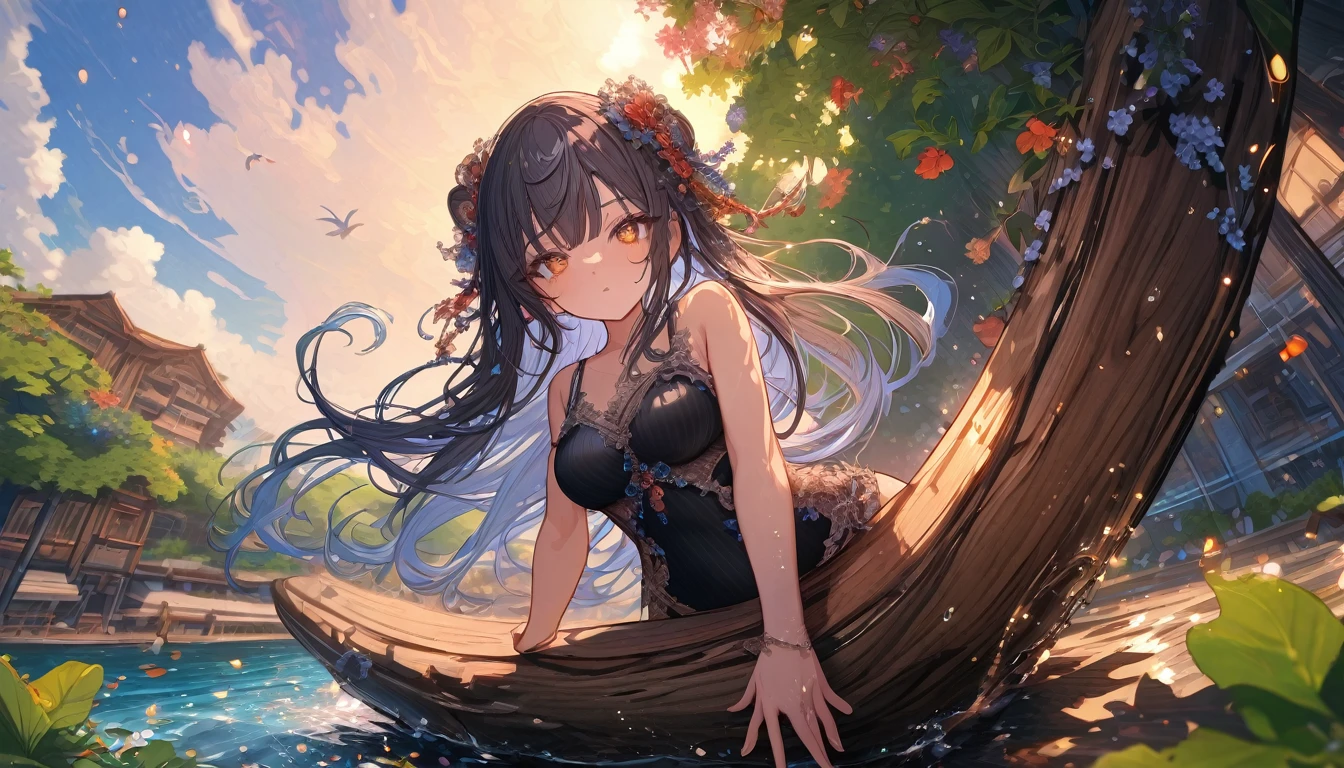 (best quality, absurdres, top details, high quality, very aesthetic, detailed, highest quality, newest, highres, ultra fine painting, masterpiece), digital art, official art, cinematic, 4k, 8k resolution, 8K CG wallpaper, CG, detailed background, High Dynamic Range, blurry background, golden hour, blue hour, sun flare, Starburst effects, crepuscular rays, ISO, high resolution, wide shot, from far away, epic lighting, RAW photo, dynamic angle, POV, sharp focus, lens flare, light reflection, reflections, light source, intricate details, hard light, particle noise, professional photography, bokeh, depth of field, good lighting, hard colors, looking away, detailed lights and shadows, stylish, ultra-detailed, Pixiv, trending art, niji style, modern-days, master crafted, pose, (top quality, details:1.37), solo, 1girl, a girl, correct fingers, detailed eyes, (medium big breasts:1.2), tight bust, big thighs, short torso, flushtered, casual, (innocent face, cute, slim), nice hips, nice body, brown hair, (long flowing hair:1.2), twin buns hairstyle, long bangs, long hair, middle hair bangs, brown eyes, dynamic pose, full body, ((black string tanktop:1.2), tummy skin:1.1), off shoulder open green hoodie, shorts, outfit ornaments), flower garden, grass, flowers, tress, plants, puddle, birds, animals, clouds, branches, tree log, tree stump, outdoor, landscape, open field, forest area