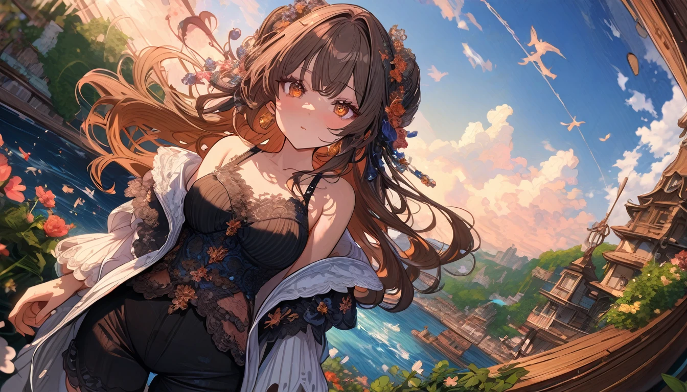 (best quality, absurdres, top details, high quality, very aesthetic, detailed, highest quality, newest, highres, ultra fine painting, masterpiece), digital art, official art, cinematic, 4k, 8k resolution, 8K CG wallpaper, CG, detailed background, High Dynamic Range, blurry background, golden hour, blue hour, sun flare, Starburst effects, crepuscular rays, ISO, high resolution, wide shot, from far away, epic lighting, RAW photo, dynamic angle, POV, sharp focus, lens flare, light reflection, reflections, light source, intricate details, hard light, particle noise, professional photography, bokeh, depth of field, good lighting, hard colors, looking away, detailed lights and shadows, stylish, ultra-detailed, Pixiv, trending art, niji style, modern-days, master crafted, pose, (top quality, details:1.37), solo, 1girl, a girl, correct fingers, detailed eyes, (medium big breasts:1.2), tight bust, big thighs, short torso, flushtered, casual, (innocent face, cute, slim), nice hips, nice body, brown hair, (long flowing hair:1.2), twin buns hairstyle, long bangs, long hair, middle hair bangs, brown eyes, dynamic pose, full body, ((black string tanktop:1.2), tummy skin:1.1), off shoulder open green hoodie, shorts, outfit ornaments), flower garden, grass, flowers, tress, plants, puddle, birds, animals, clouds, branches, tree log, tree stump, outdoor, landscape, open field, forest area