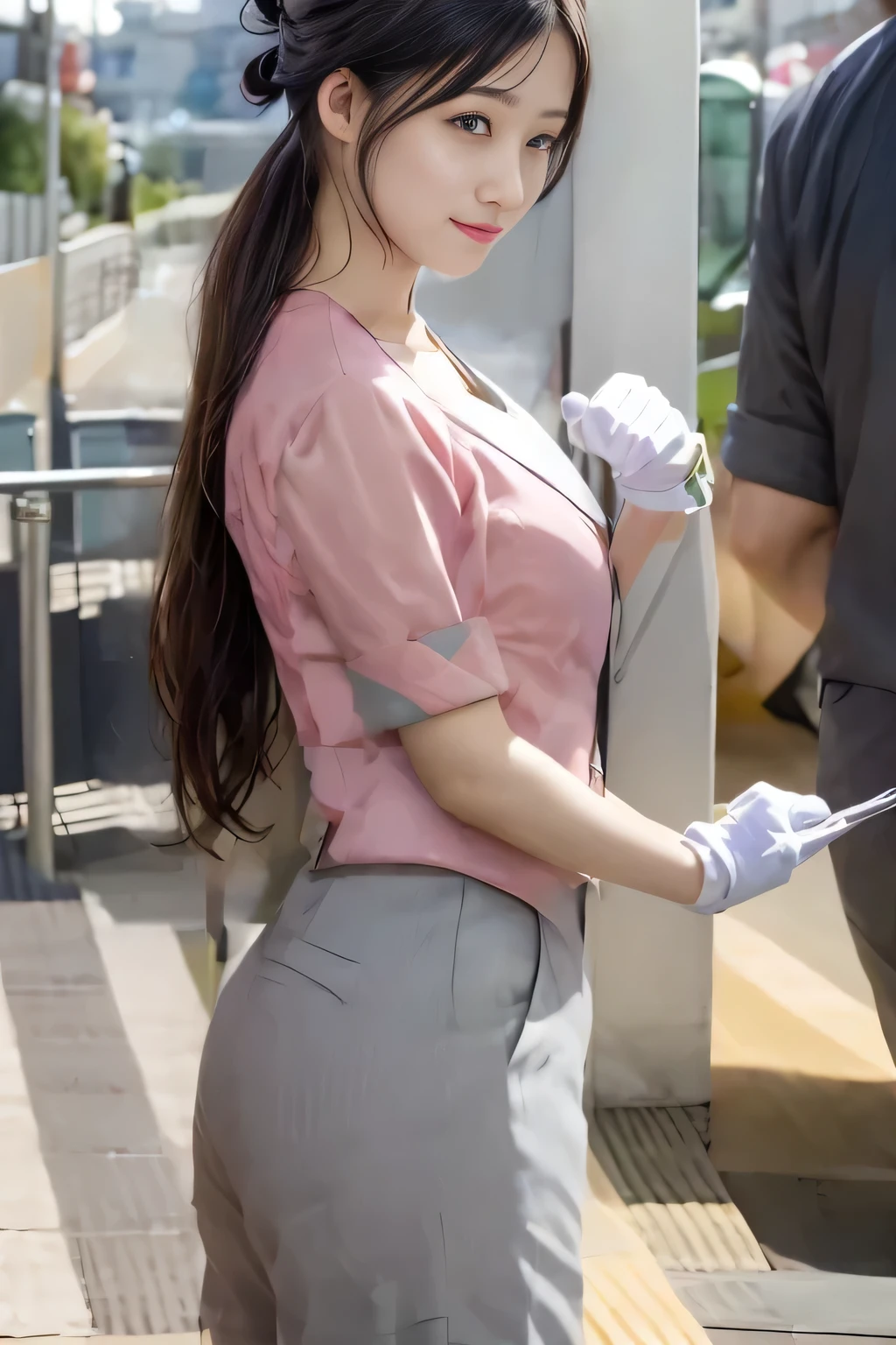 (masterpiece:1.2, highest quality:1.2), 32K HDR, High resolution, (alone、1 girl)、（On the rooftop of a building in the daytime、Professional Lighting）、Building rooftop background、（Nankai train crew uniform pinkを着たリアルスタイル）、（Nankai train crew uniform pink short sleeve pink jacket、Nankai Train Crew Uniform Pink Collarless Short Sleeve Blouse、Nankai Train Crew Uniform Pink Grey Knee-length Culottes）、Dark brown hair、（Hair tied up、Hair Bun、Hair Bun）、Dark brown hair、Long Shot、Big Breasts、Thin legs、（（Great hands：2.0）），（（Harmonious body proportions：1.5）），（（Normal limbs：2.0）），（（Normal finger：2.0）），（（Delicate eyes：2.0）），（（Normal eyes：2.0））)、smile、（Nankai Train Crew Uniform Pink Grey Knee-length Culottesを見せた美しい歩く姿）、Keep your hands natural、No hair