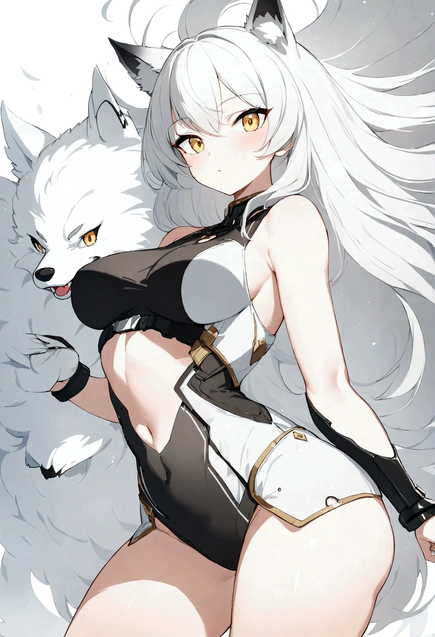 Mulher loba, forte, musculosa, adulta, morena, cabelo branco, orelha de lobo, grande, forte, corpo musculoso.