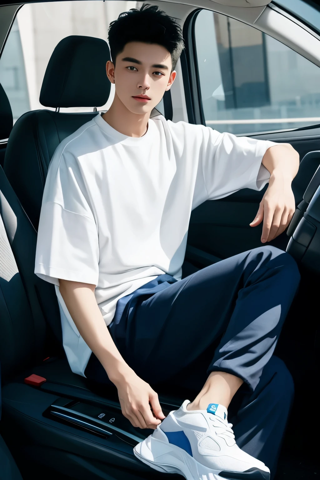 A Beijing young man in a oversize bluelight t shirt and black Jogger trousers against a driving in the car, full body, Height is 1 cm, sneaker,  